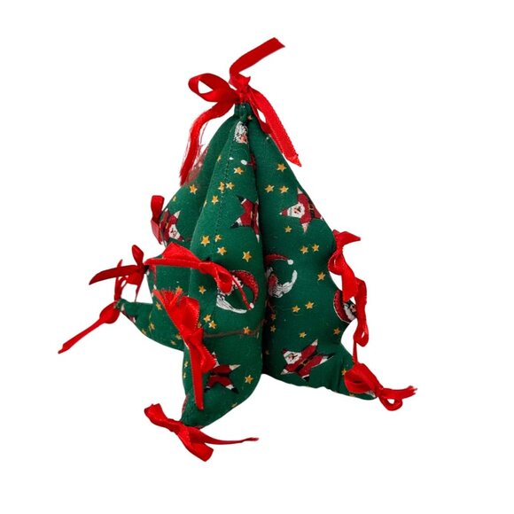 Vintage Fabric Christmas Tree Santa Red Ribbon Holiday 6 In Tiered Tray Decor - Picture 2 of 10
